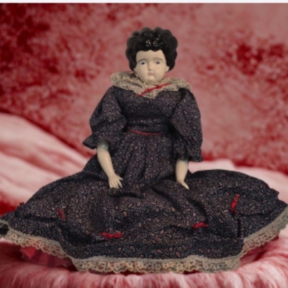 Vintage China Head Doll Navy Paisley Dress Lace Collar Molded‎ Hair Blue Eyes